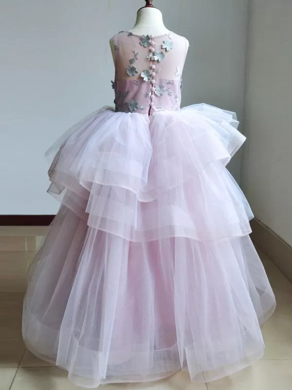 Tulle Floral Lace Flower Girl Dresses Sleeveless Long Party Dress for Kids