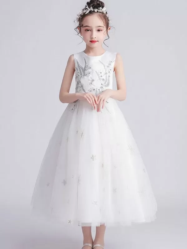 Tulle Sleeveless White Aline Flower Girl Dresses Jewel Neck Princess Kids Party Dresses