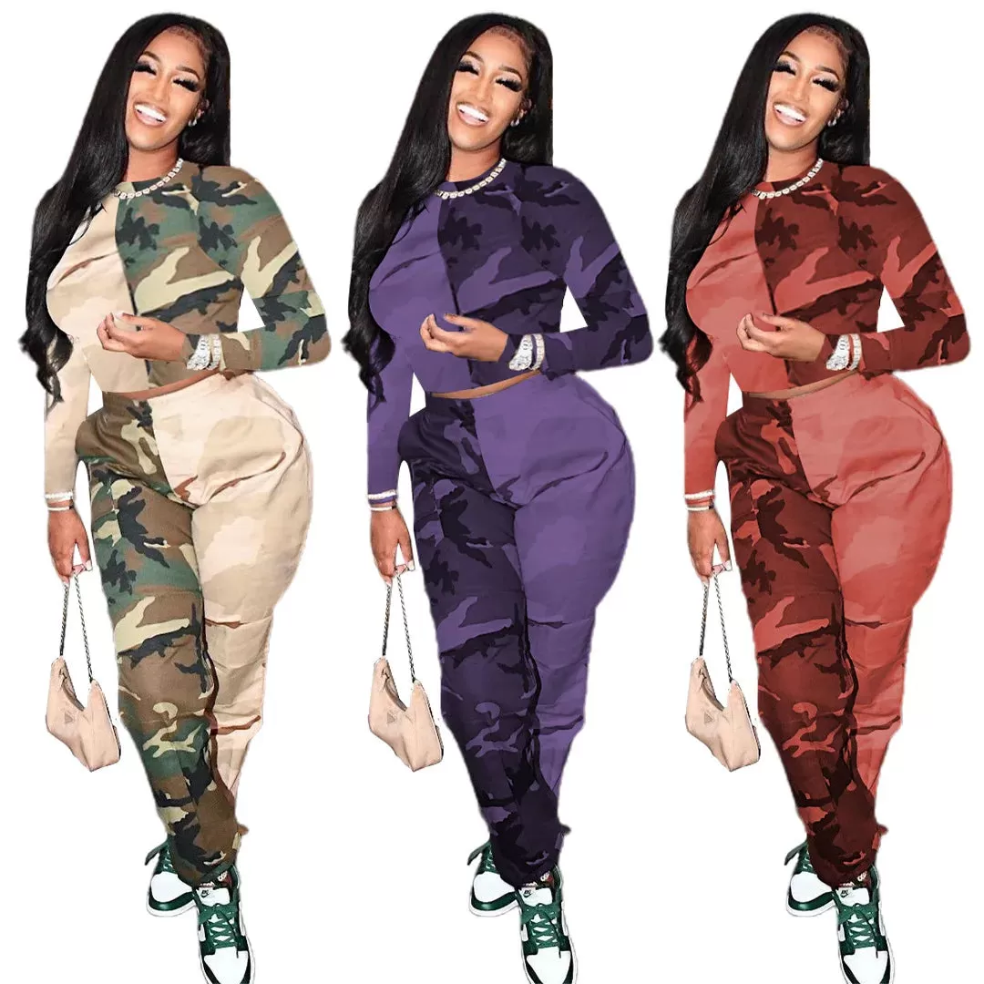 Two Tone Camouflage Round Neck Sweatshirt Loose Fit Pants Two Piece Set (3 colors)