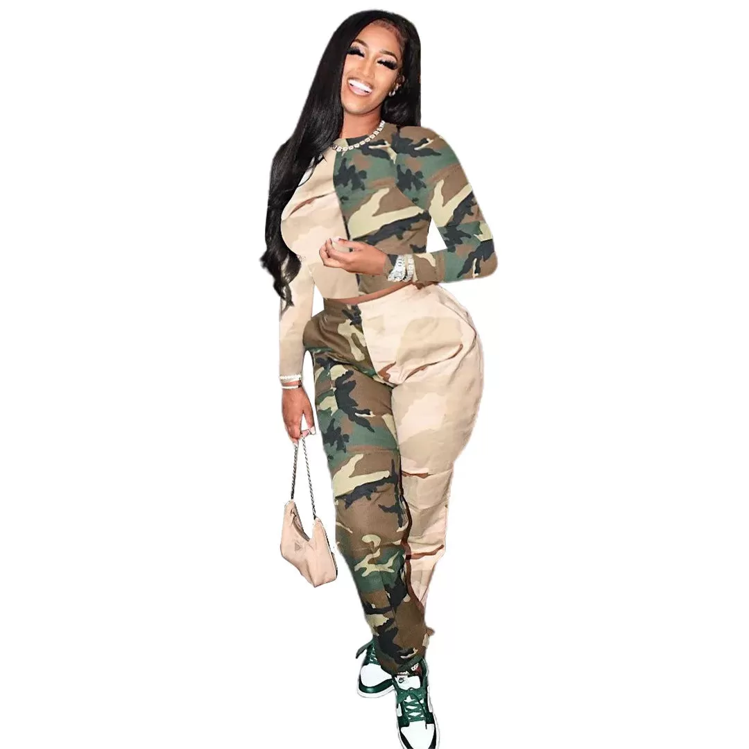 Two Tone Camouflage Round Neck Sweatshirt Loose Fit Pants Two Piece Set (3 colors)