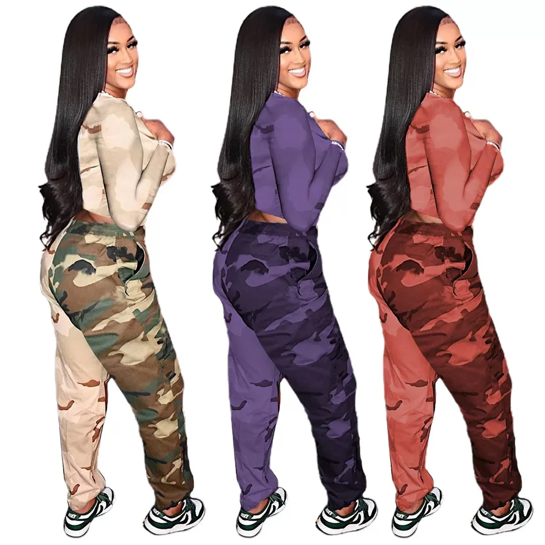 Two Tone Camouflage Round Neck Sweatshirt Loose Fit Pants Two Piece Set (3 colors)