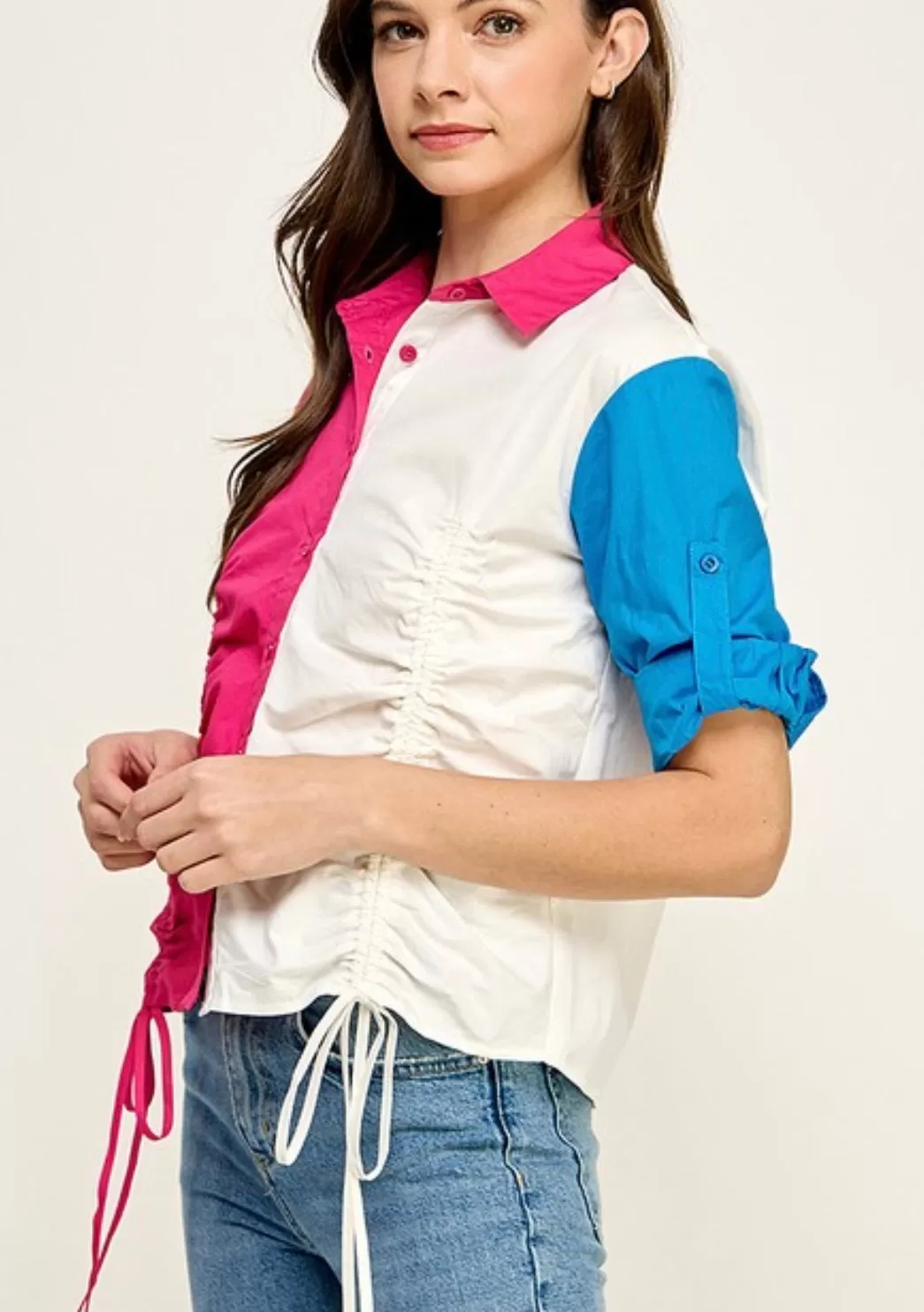 TX7483 3Q SLV BUTTON DOWN FRONT DRAWSTRING COLOR BLOCK SHIRT