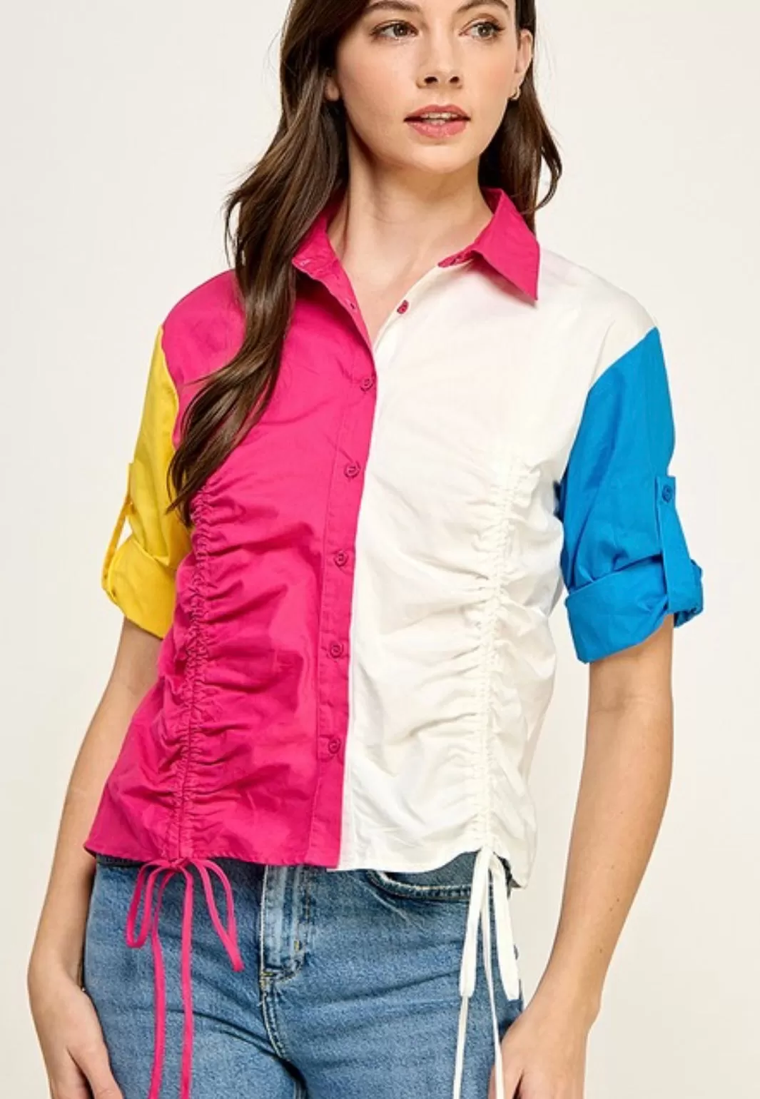 TX7483 3Q SLV BUTTON DOWN FRONT DRAWSTRING COLOR BLOCK SHIRT