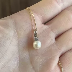 Vintage 10K Gold Diamond Pearl Pendant Necklace