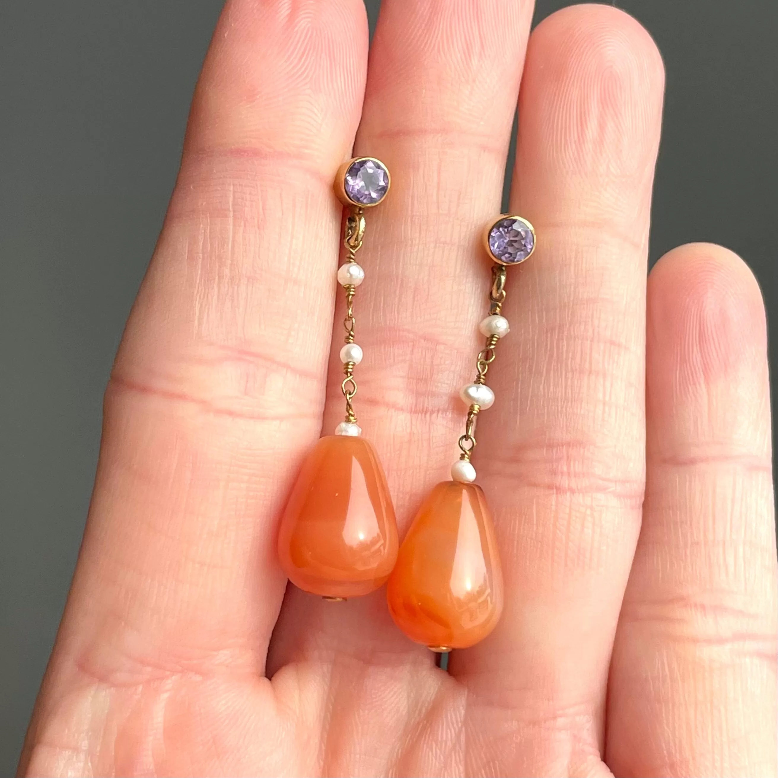 Vintage Amethyst Agate Pearl Drop Earrings