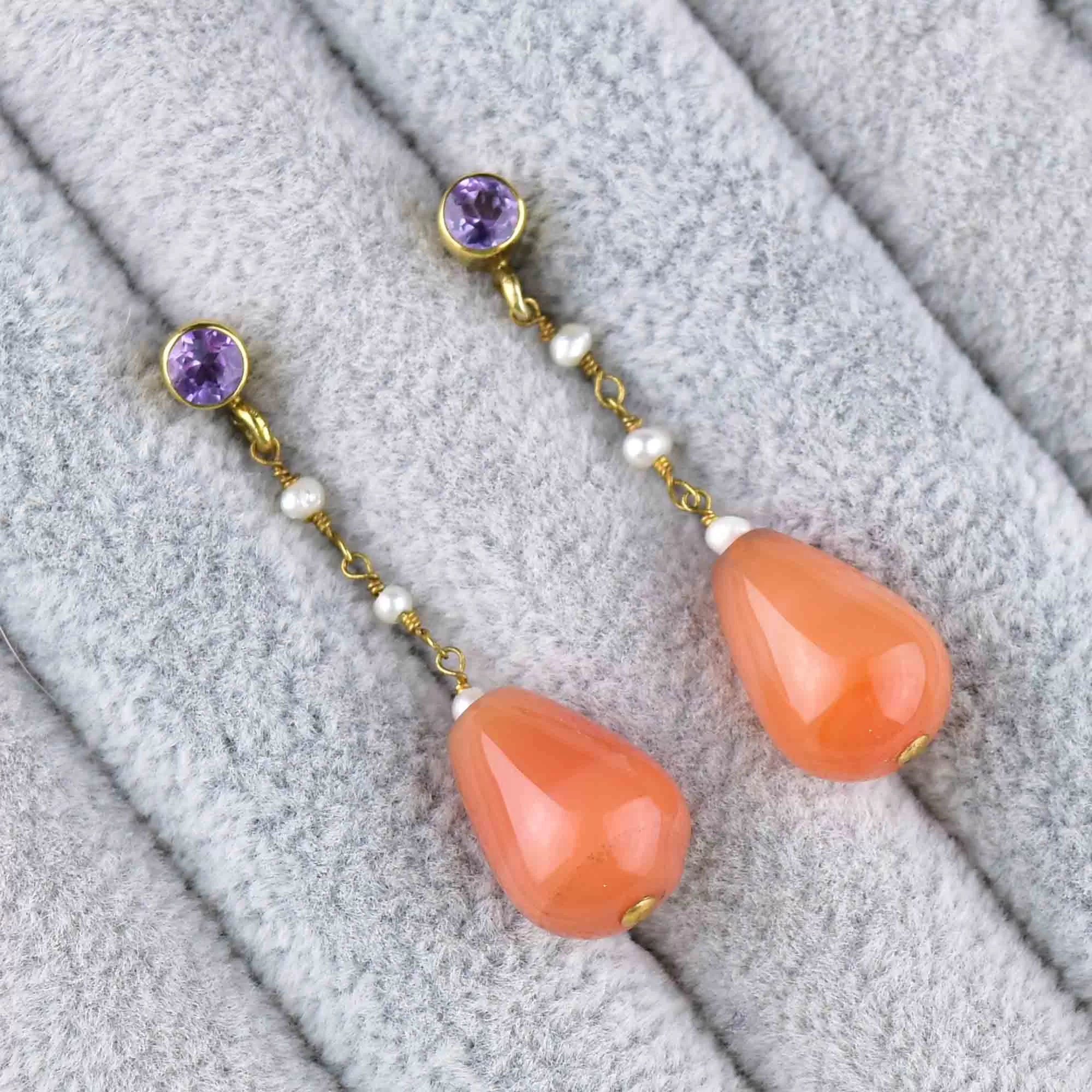 Vintage Amethyst Agate Pearl Drop Earrings