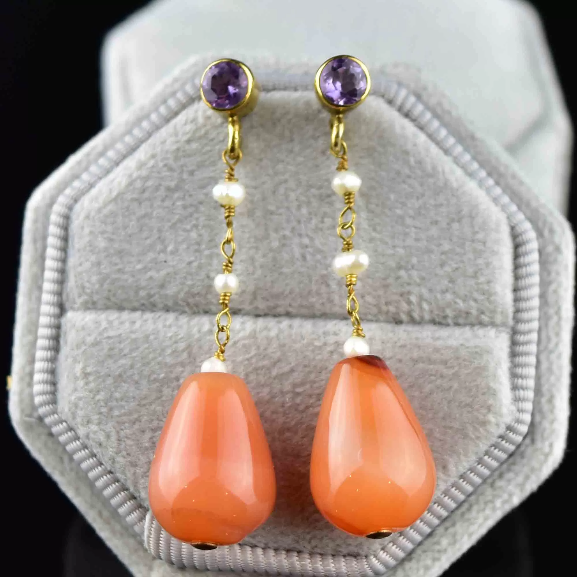 Vintage Amethyst Agate Pearl Drop Earrings