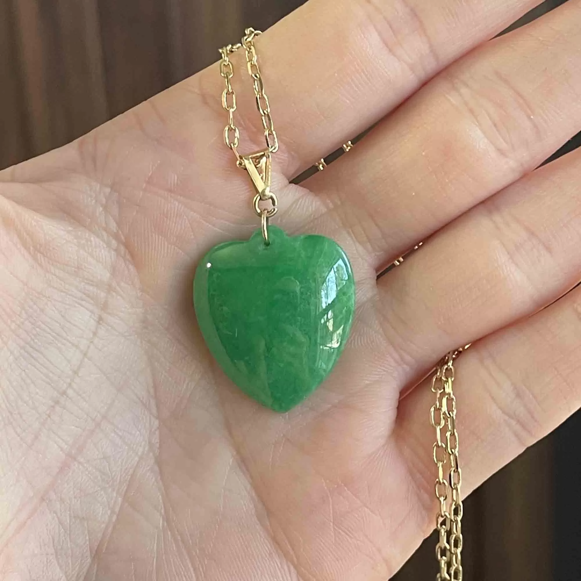 Vintage Carved Jade Heart in 18K Gold