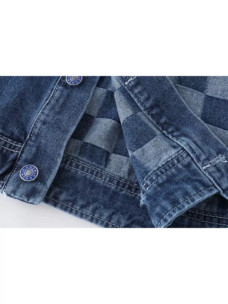 Vintage Patchwork Checker Denim Jacket for Women