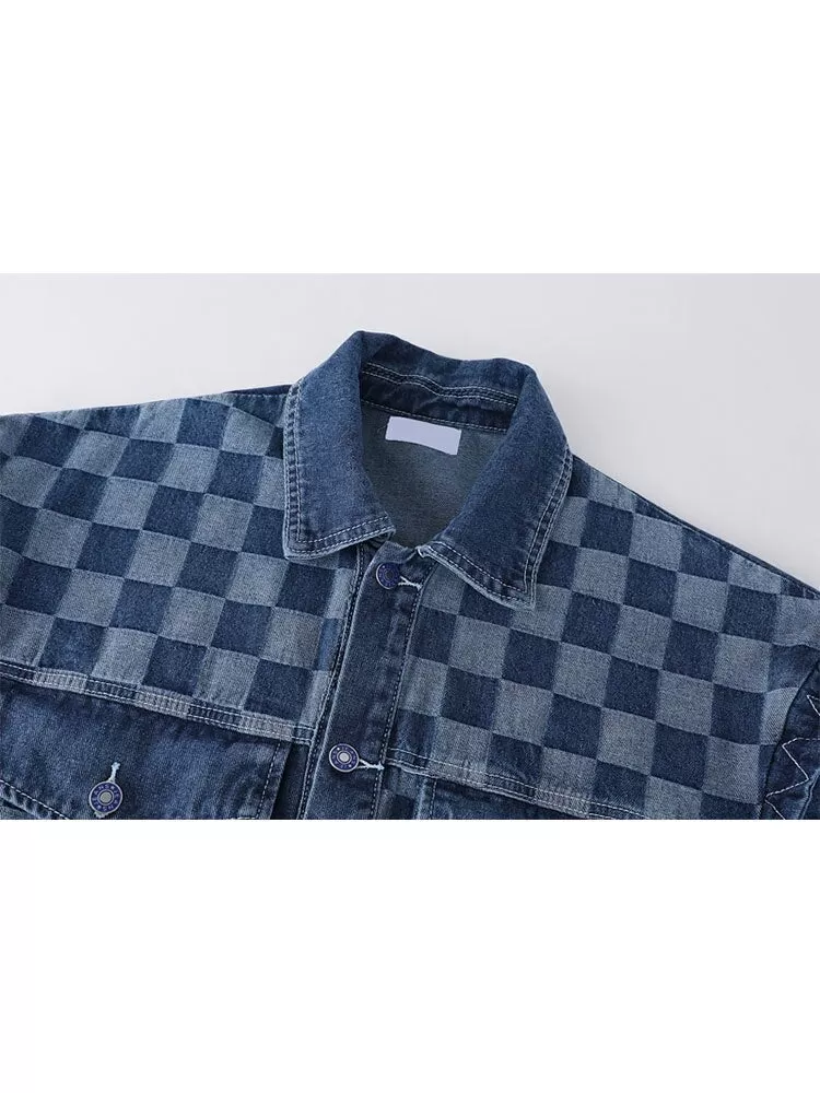 Vintage Patchwork Checker Denim Jacket for Women