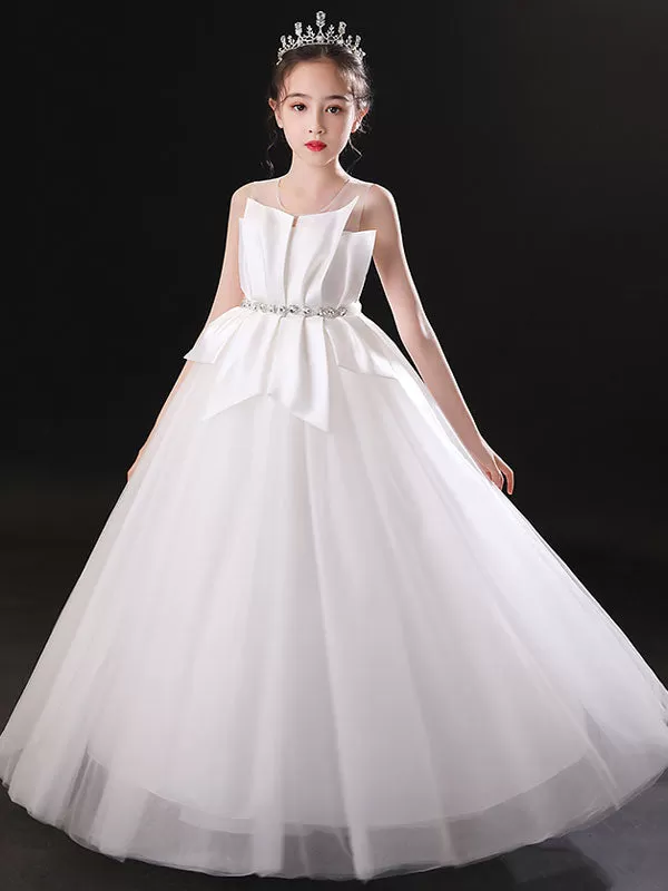 White Tulle Princess Flower Girl Dresses Jewel Neck Sleeveless Floor-Length Pleated Kids Party Dresses