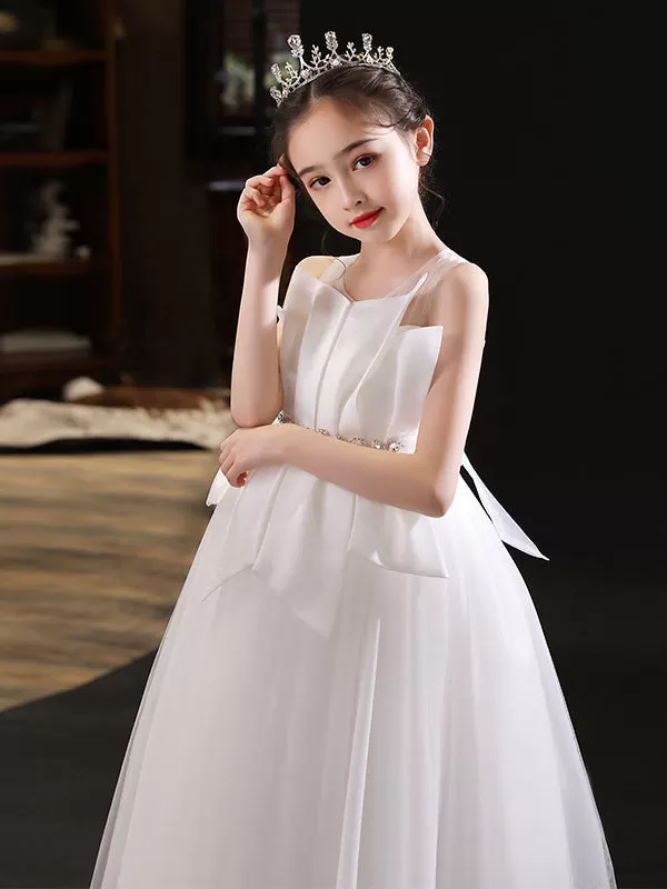 White Tulle Princess Flower Girl Dresses Jewel Neck Sleeveless Floor-Length Pleated Kids Party Dresses