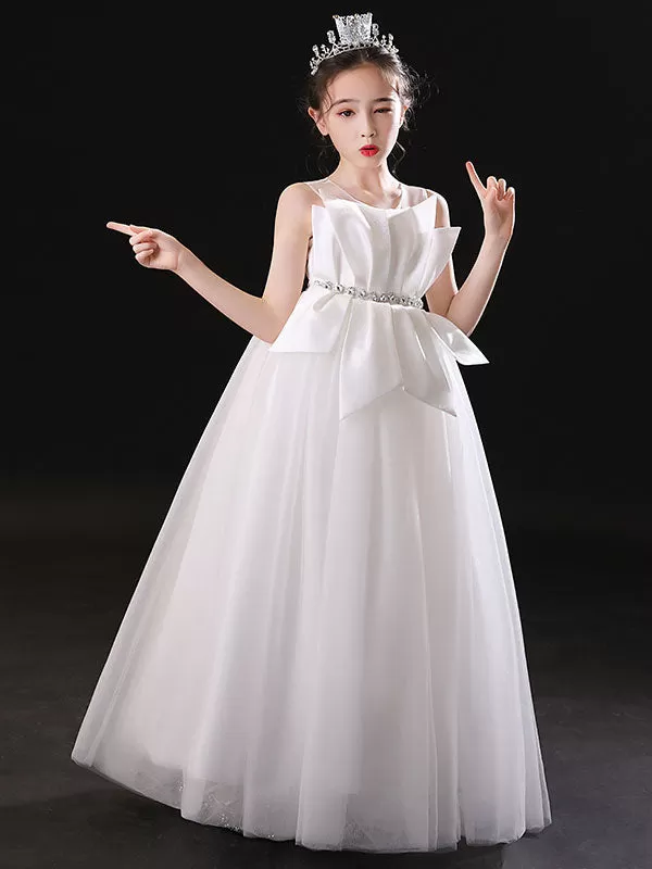 White Tulle Princess Flower Girl Dresses Jewel Neck Sleeveless Floor-Length Pleated Kids Party Dresses