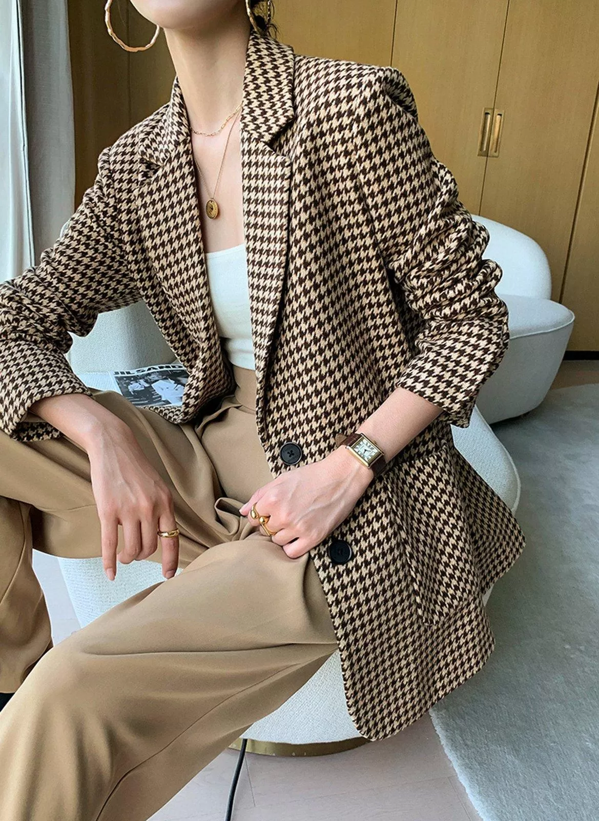 Women Grid Woolen Coat,Wool Blazer Coat,Women Wool Overcoat,Business Belt Coat,Autumn Winter Coat,Women Outerwear,Wool Jacket ,Casual coat