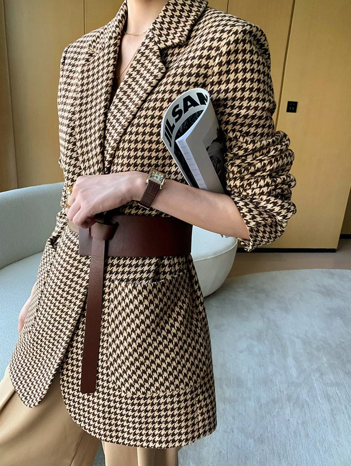 Women Grid Woolen Coat,Wool Blazer Coat,Women Wool Overcoat,Business Belt Coat,Autumn Winter Coat,Women Outerwear,Wool Jacket ,Casual coat