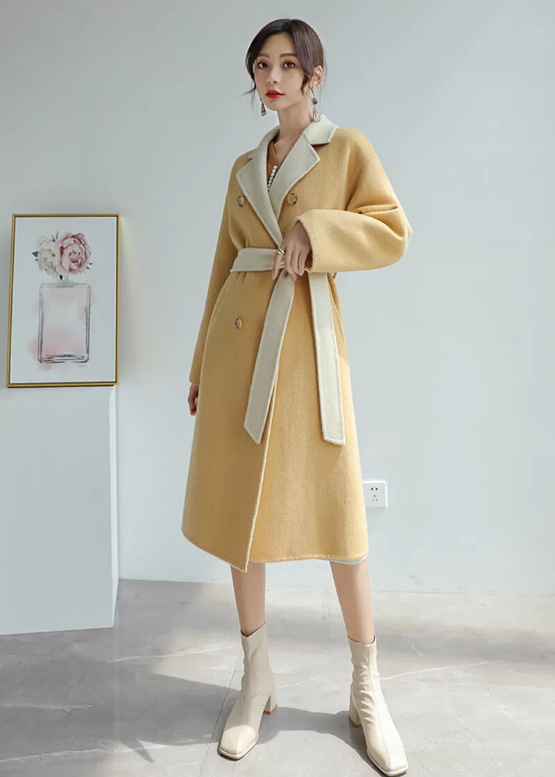 Women Yellow Double-sided wool coat winter light luxury Double Breasted Long Length Woolen coat Fall Wool Blend Coat Overcoat Outerwear