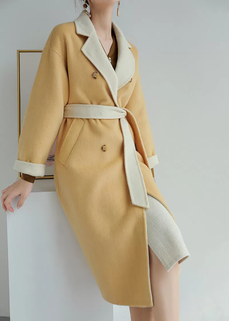 Women Yellow Double-sided wool coat winter light luxury Double Breasted Long Length Woolen coat Fall Wool Blend Coat Overcoat Outerwear