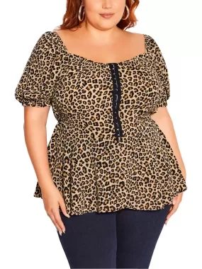 Womens Corset Detail Animal Print Peplum Top