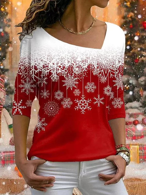 Women's Cozy Snowflake Print Long Sleeve Christmas Tee