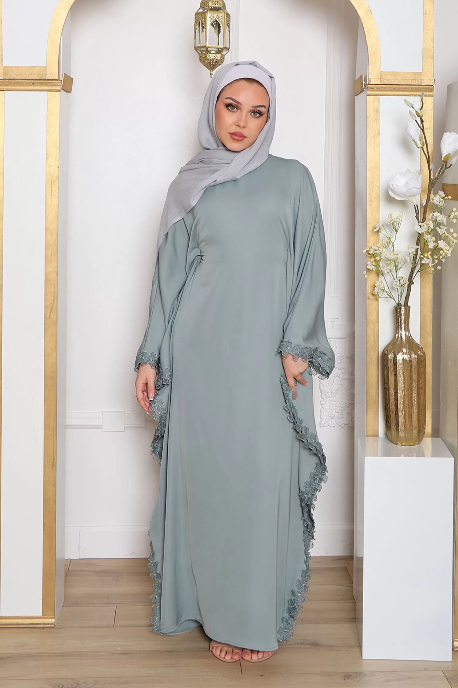 Zayna Lace Abaya- Mint Gray